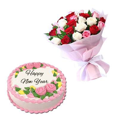 "Round shape Pineapple cake - 1.5kg,25 Mixed Roses flower bunch - Click here to View more details about this Product